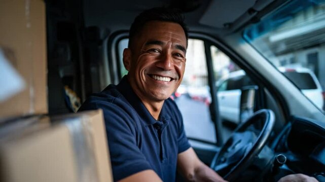 Delivery Driver's Smile: A cheerful delivery driver flashes a warm smile from the driver's seat, surrounded by stacks of cardboard boxes ready for delivery.