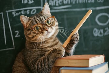 Tabby cat with glasses holding pointer in front of chalkboard, ideal for educational visuals, children’s materials, or back-to-school promotions