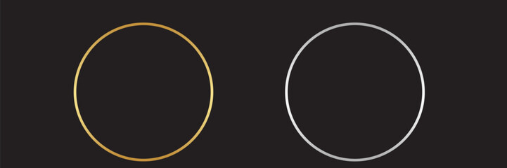 Gold  and silver circle thin frames. Blank metal ring, button, stamp, emblem, sticker, label. First, second and third place medals isolated on black background. Abstract vector illustration set. Eps10