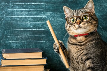 Cat in glasses standing in front of books and chalkboard, ideal for school-themed visuals, educational humor, or creative learning materials