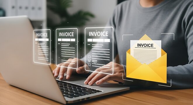 Sending an invoice via email concept using a laptop computer - Powered by Adobe