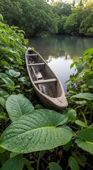 Tranquil Tropical River with Dugout Canoe and Lush Green Vegetation on Shore