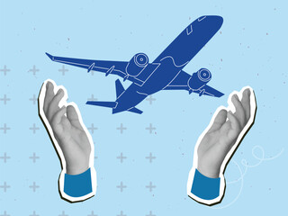 Black and white hands with a flying plane. Modern collage style. Vector illustration
