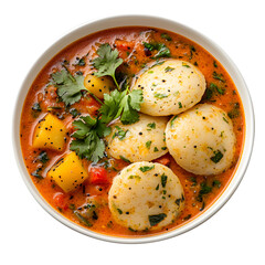 Garlic Sambar with Poha Idli South Indian Comfort isolated on a white background.