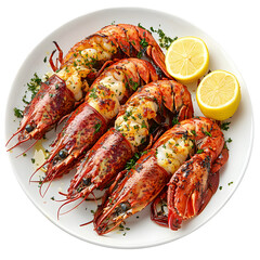 Garlic Crayfish, gourmet, meat plate, chicken dish , on white isolated on a white background