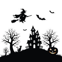 Dynamic Halloween Scene Silhouette with Flying Witch, Haunted House, Spooky Trees, Black Cat, and Jack-o'-Lantern