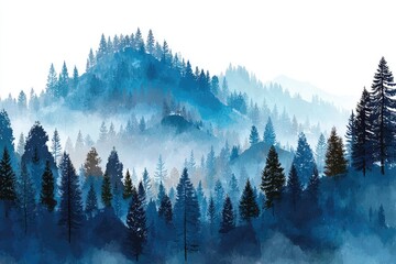 Misty blue mountain range, dense forest