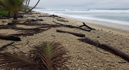 Tropical Beach Landscape with Fallen Palm Leaves and Driftwood after Storm