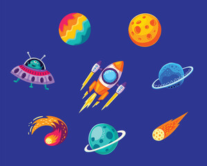 Cartoon space. Galaxies. Planets. Rocket and alien.