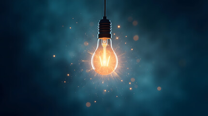 A digitally enhanced image of a classic lightbulb, radiating bright light and surrounded by sparks.