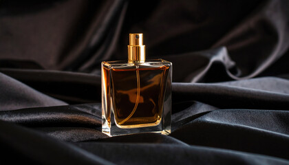 Bottle of shimmering perfume with dark glass design reflects light beautifully, standing elegantly on soft fabric, evoking sense of luxury and allure