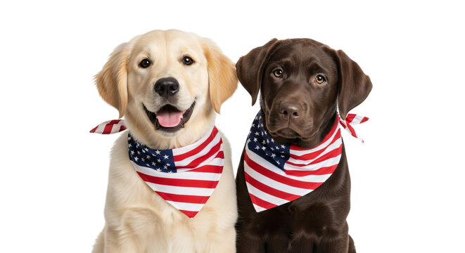 Two patriotic dogs with American flag bandanas, a Golden Retriever and a Chocolate Labrador, celebrating holidays like July 4th and Memorial Day. Perfect for festive pet-themed marketing, greetings,