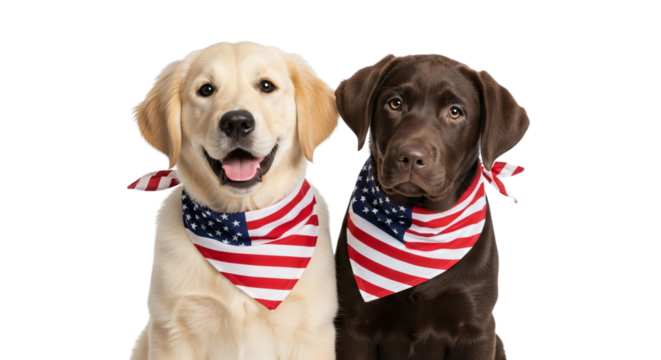 Two patriotic dogs with American flag bandanas, a Golden Retriever and a Chocolate Labrador, celebrating holidays like July 4th and Memorial Day. Perfect for festive pet-themed marketing, greetings,