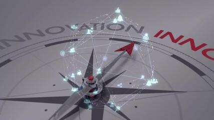 Glowing cyan points forming 3D network around dual-toned needle rotating toward innovation goal - Powered by Adobe