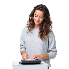 Woman using printer for home office document printing and scanning with a happy smile on white background