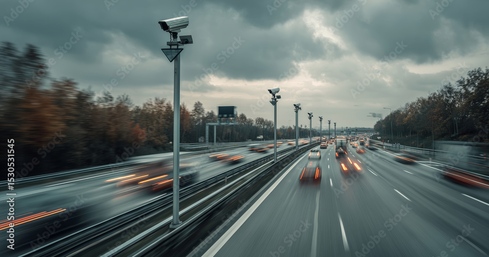 Poster Vehicles navigate multiple lanes on a highway under overcast skies. Surveillance cameras monitor traffic flow while autumn trees line the sides, creating a dynamic urban environment.