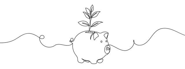 Continuous line, piggy bank and growing tree, finance illustration, financial growth concept. Vector art lines, transparent background, edit stroke