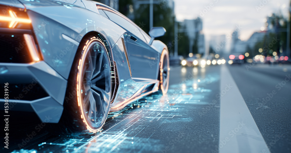 Poster a futuristic car with glowing outlines is parked on a multi-lane urban road. traffic is flowing in t