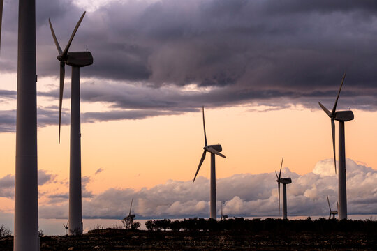 Golden hour light hitting wind turbines, Zaragoza, Spain, clean technology and green energy industry background for sustainable development visuals
