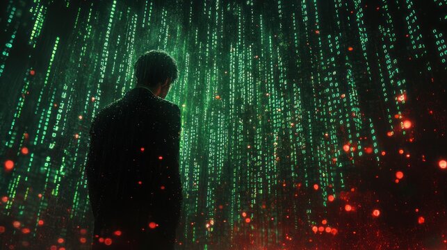 a person standing and viewing a digital rainfall of binary code suggesting immersion in a simulated reality or contemplation of vast data flows and the mysteries of artificial intelligence