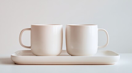 Two Creamy White Coffee Mugs on a Matching Tray, Minimalist Still Life Photography