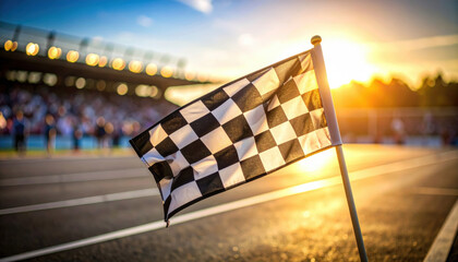 Checkered flag of black and white symbolizes speed and victory, standing proudly as sun sets behind vibrant stadium filled with cheering fans