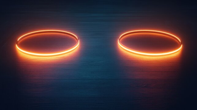 Two glowing neon orange circles on a dark wooden surface.