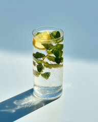 Refreshing sparkling drink with lemon and mint on blue background