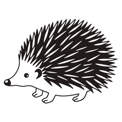 A monochrome hedgehog outline stands facing left displaying its quills elegantly on a white background