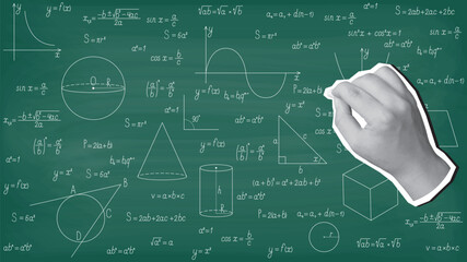 A hand writes a math formulas on a blackboard with chalk. Modern collage style. Vector illustration