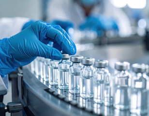 Closeup reveals sterile production line where gloved hands carefully handle glass vials filled with liquid, showcasing precision and attention to detail in pharmaceutical setting