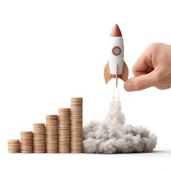 Wooden rocket launching from coin stacks isolated on white background