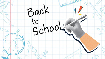 A black and white hand writes an inscription Back to School, stationery items on a background. Modern photo collage style. Vector illustration