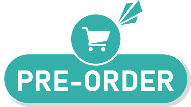 Flat style "Pre-Order" button with shopping cart icon and alert mark, perfect for upcoming product sales, e-commerce, and marketing campaigns.