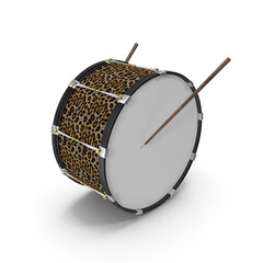 Bass Drum with Leopard Print Design and Drumsticks isolated on transparent background