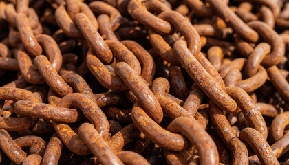 Closeup reveals weathered texture of rusty chain, showcasing its interwoven links and intricate details, evoking sense of industrial history and resilience