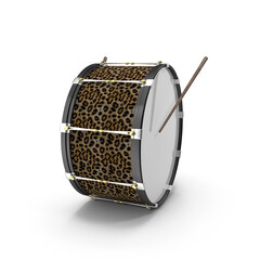 Bass Drum with Leopard Print Design and Drumsticks isolated on transparent background