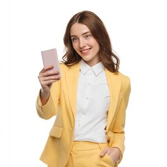 Woman in yellow suit taking selfie with phone on white background for professional headshot profile picture