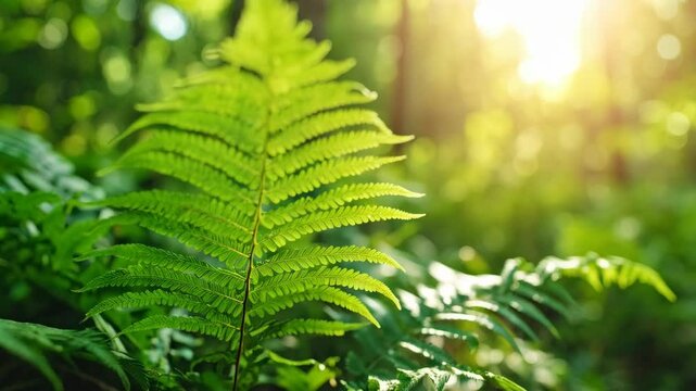 Bright sunlight illuminating a vibrant green fern leaf in a lush, temperate forest setting with shallow depth of field and natural bokeh.