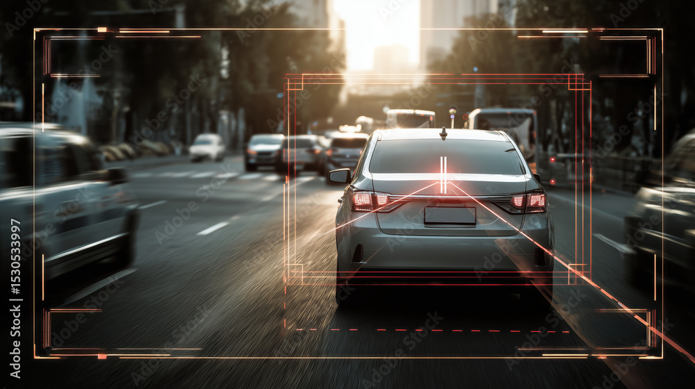 Poster A busy road scene shows vehicles in multiple lanes with advanced recognition technology overlaying the central car. Traffic moves under a setting sun, creating a dynamic urban atmosphere.