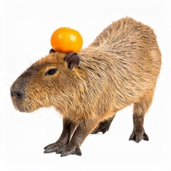Fototapeta premium Cute capybara with tangerine over white background