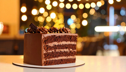 Closeup shot of decadent chocolate cake showcasing its rich layers and glistening icing, surrounded by warm, inviting atmosphere with soft bokeh lights