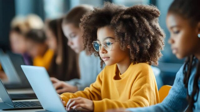 Child student using laptop in classroom with diverse students learning technology for education and school learning environment