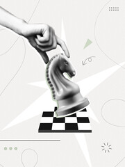 Trendy Halftone Collage Hand holding chess piece. Abstract chessman. Game strategy. Strategic leader. Knight horse chess figure. Paper texture. Contemporary vector illustration art