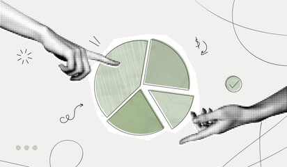 Trendy Halftone Collage Hand with pieces of pie chart. Business data and market share concept. Circular diagram parts. Finance graph. Investment strategy. Contemporary vector illustration art