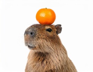 Fototapeta premium Cute capybara with tangerine over white background