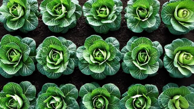 Lush green cabbages growing in neat rows.