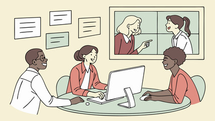 Diverse team collaborating around a table with a computer and a video conference on the wall nearby