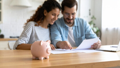 Closeup shot reveals small piggybank on wooden table, with couple reviewing financial documents together, showcasing moment of planning and collaboration