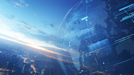 Digital globe overlayed on a cityscape at sunset with a blue sky and clouds in the background